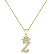 KING CROWN JEWELERS 14K Yellow Gold Finish 1.00 Cwt. Simulated Diamond Crown Initial Letter Alphabet Z Unisex Charm Pendant Rope Chain Neckless Set Small 1.5''