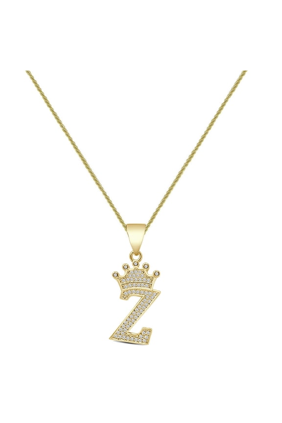14K Yellow Gold Finish 1.00 Cwt. Simulated Diamond Crown Initial Letter Alphabet Z Unisex Charm Pendant Rope Chain Neckless Set Small 1.5''
