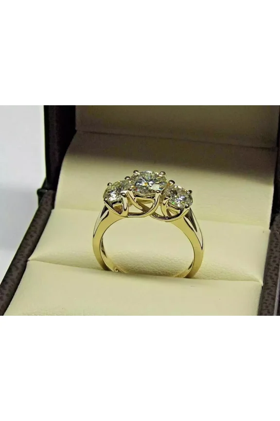 14K Yellow Gold Finish 3Ct Round Lab-Created Diamond Three Stone Engagement Ring