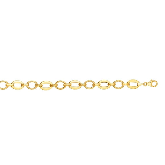14K Yellow Gold Finish 8.3mm Shiny Textured Oval Fancy Link Bracelet 7.5" with Lobster Clasp