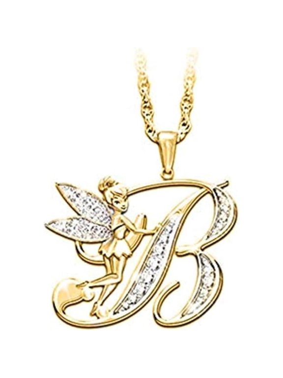 14K Yellow Gold Finish Round Cut White Diamond 925 Sterling Silver Diamond Cute Elf Angele With B Initial Letter Pendant Necklace for Women