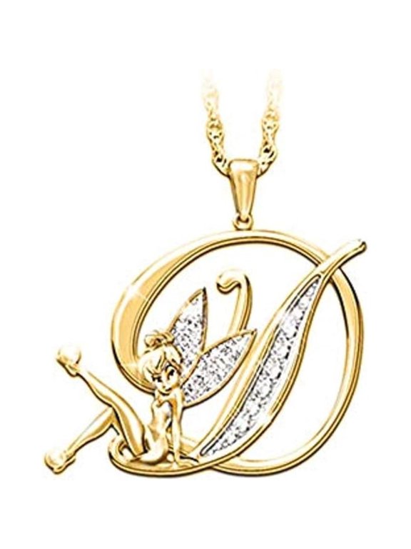 14K Yellow Gold Finish Round Cut White Diamond 925 Sterling Silver Diamond Cute Elf Angele With D Initial Letter Pendant Necklace for Women