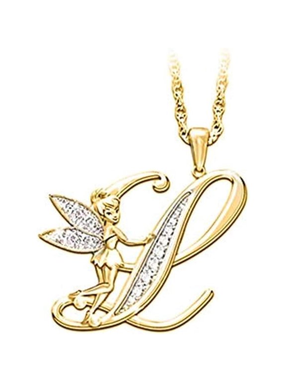 14K Yellow Gold Finish Round Cut White Diamond 925 Sterling Silver Diamond Cute Elf Angele With L Initial Letter Pendant Necklace for Women
