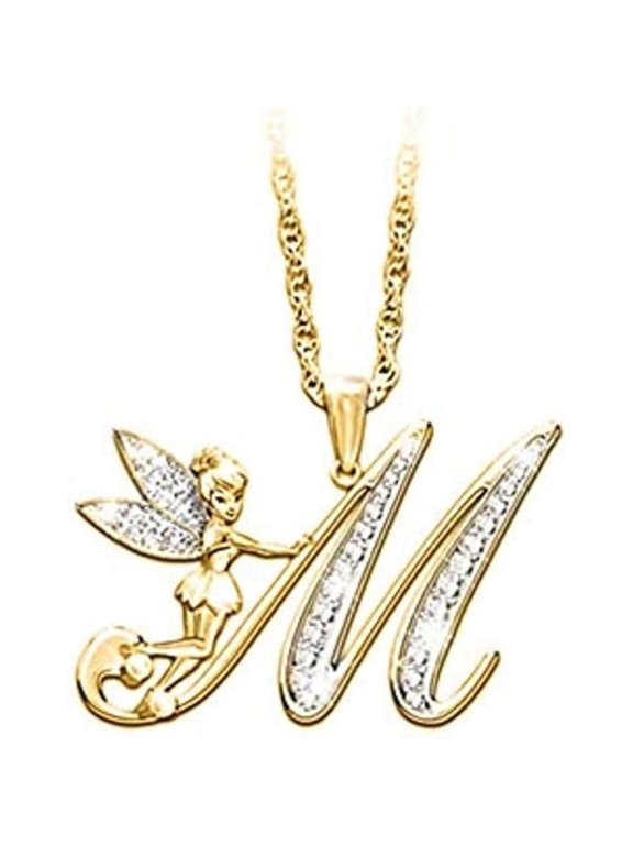 14K Yellow Gold Finish Round Cut White Diamond 925 Sterling Silver Diamond Cute Elf Angele With M Initial Letter Pendant Necklace for Women