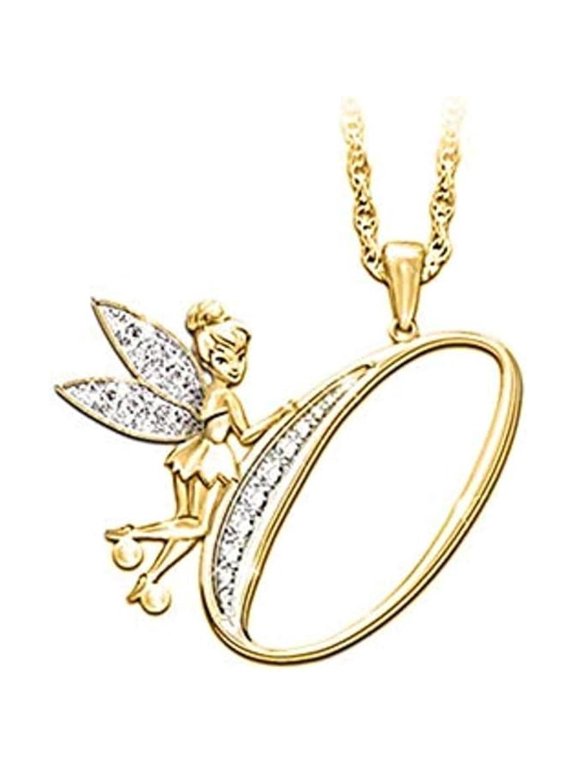 14K Yellow Gold Finish Round Cut White Diamond 925 Sterling Silver Diamond Cute Elf Angele With O Initial Letter Pendant Necklace for Women