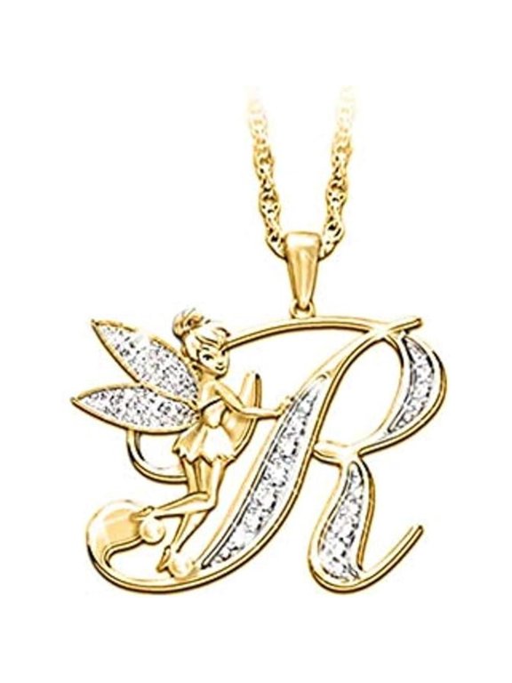 14K Yellow Gold Finish Round Cut White Diamond 925 Sterling Silver Diamond Cute Elf Angele With R Initial Letter Pendant Necklace for Women