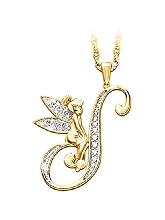 14K Yellow Gold Finish Round Cut White Diamond 925 Sterling Silver Diamond Cute Elf Angele With S Initial Letter Pendant Necklace for Women