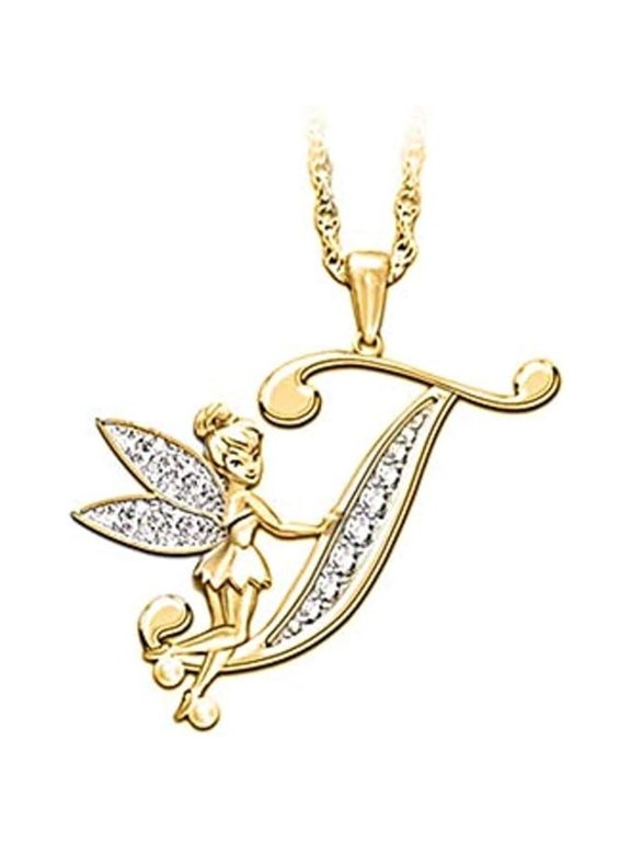 14K Yellow Gold Finish Round Cut White Diamond 925 Sterling Silver Diamond Cute Elf Angele With T Initial Letter Pendant Necklace for Women