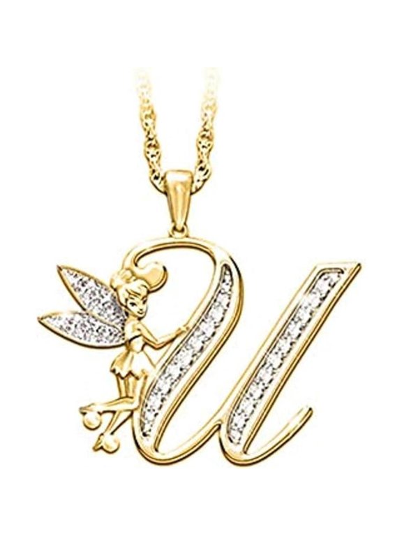 14K Yellow Gold Finish Round Cut White Diamond 925 Sterling Silver Diamond Cute Elf Angele With U Initial Letter Pendant Necklace for Women