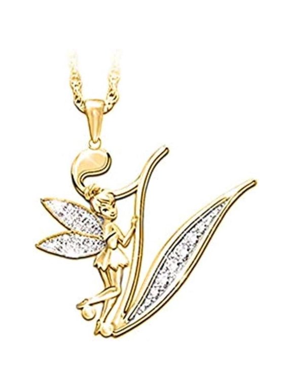 14K Yellow Gold Finish Round Cut White Diamond 925 Sterling Silver Diamond Cute Elf Angele With V Initial Letter Pendant Necklace for Women