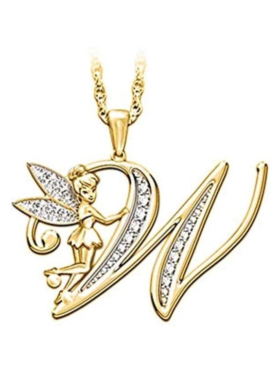 14K Yellow Gold Finish Round Cut White Diamond 925 Sterling Silver Diamond Cute Elf Angele With W Initial Letter Pendant Necklace for Women