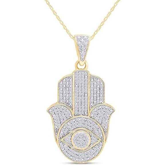 14K Yellow Gold Finish Round Cut White Diamond 925 Sterling Silver Diamond Evil Eye Hamsa Hand Pendant Necklace for Women