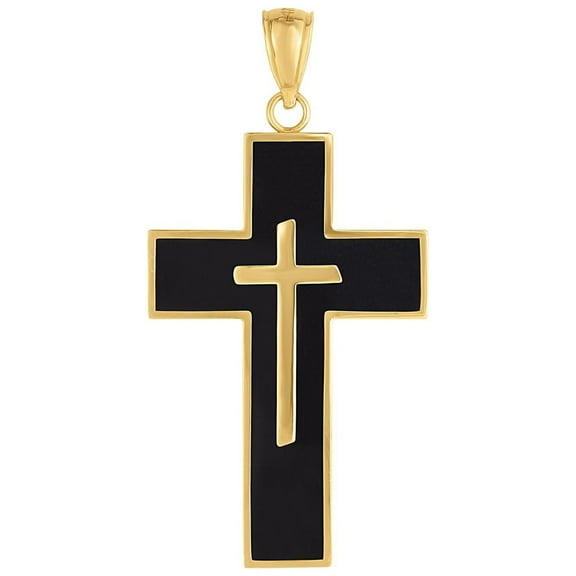 14K Yellow Gold Finish Shiny Cross Black Enamel Pendant by IcedTime