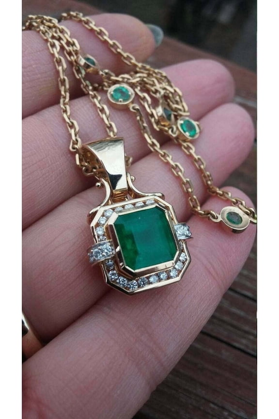 14K Yellow Gold Finish Silver 18" Chain 3Ct Asscher Cut Emerald Diamond Halo Pendant