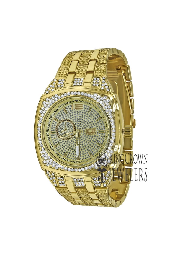 14K Yellow Gold Finish Simulated Diamonds Stainless Steel Back Analog Metal Band Mens Watch