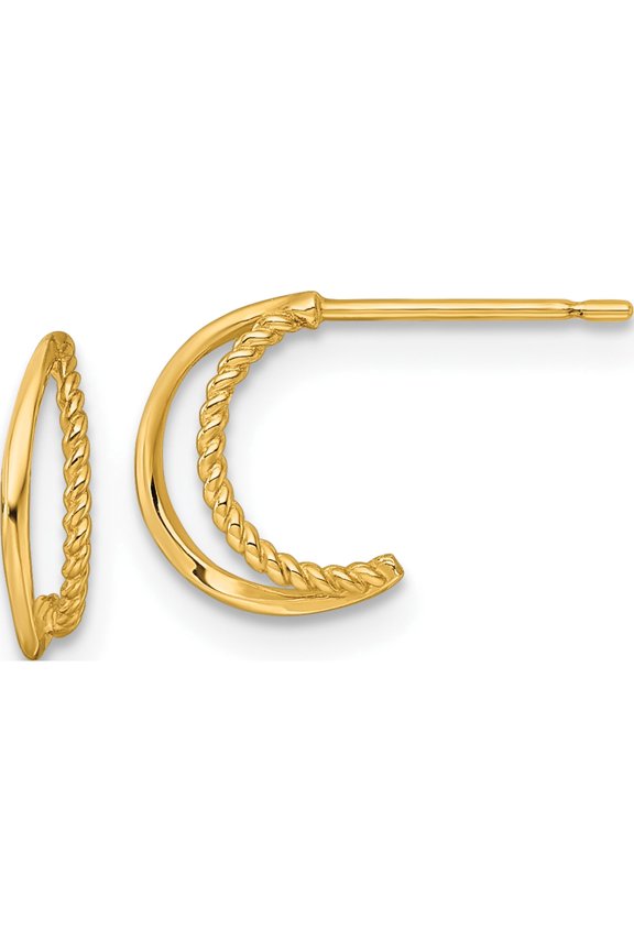 14K Yellow Gold Flawless, Stunning 9.75 Mm 2.5 Polished And Twisted Double C-Hoop Post Earrings