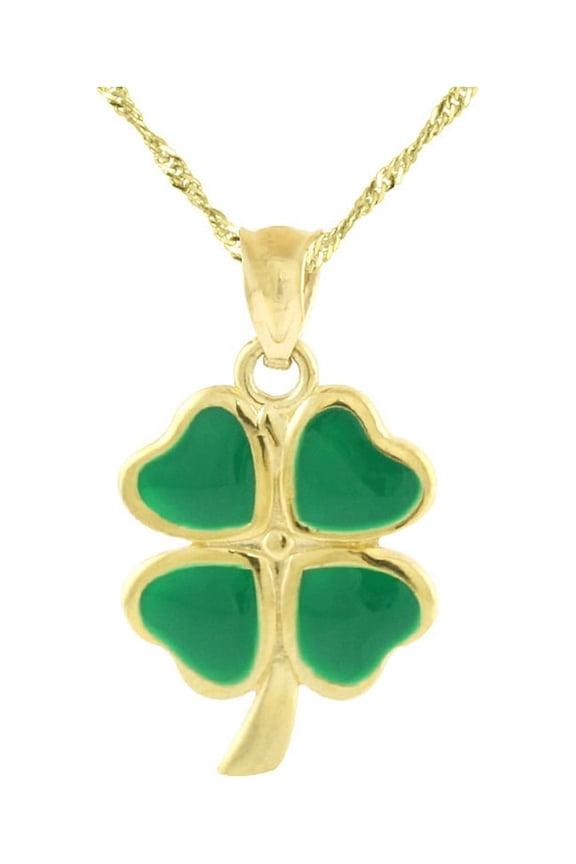 14K Yellow Gold Four Leaf Clover Shamrock Enameled Pendant Necklace with Chain for Women
