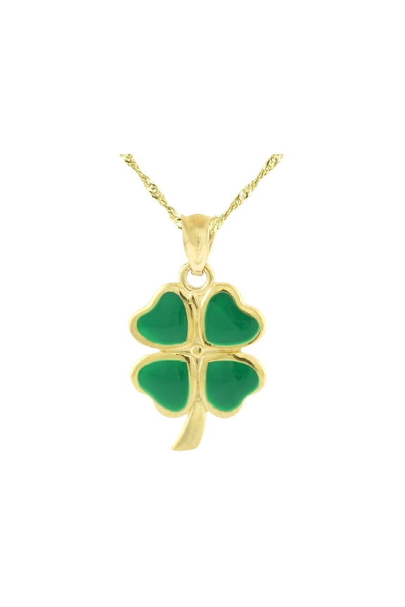 14K Yellow Gold Four Leaf Clover Shamrock Enameled Pendant Necklace with Chain for Women