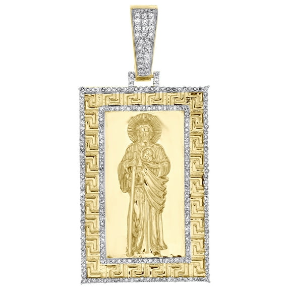 14K Yellow Gold Genuine Diamond Men's St. Jude in Greek Key Frame Pendant 1 CT