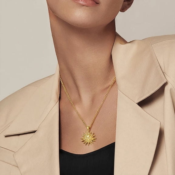 14K Yellow Gold Golden Necklace Sun Moon Pendant Necklace for Women Fashion Anniversary Birthday Jewelry Gifts