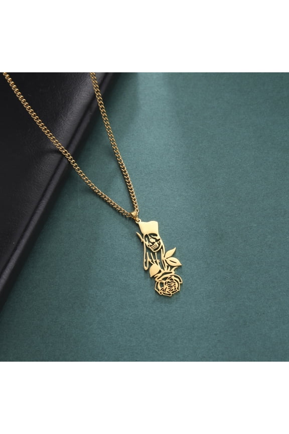 14K Yellow Gold Goth Rose Scythe Necklace Men Women Gothic Punk Jewelry Darkness Witchy Pendant Sickle Rose Skull Halloween Gift