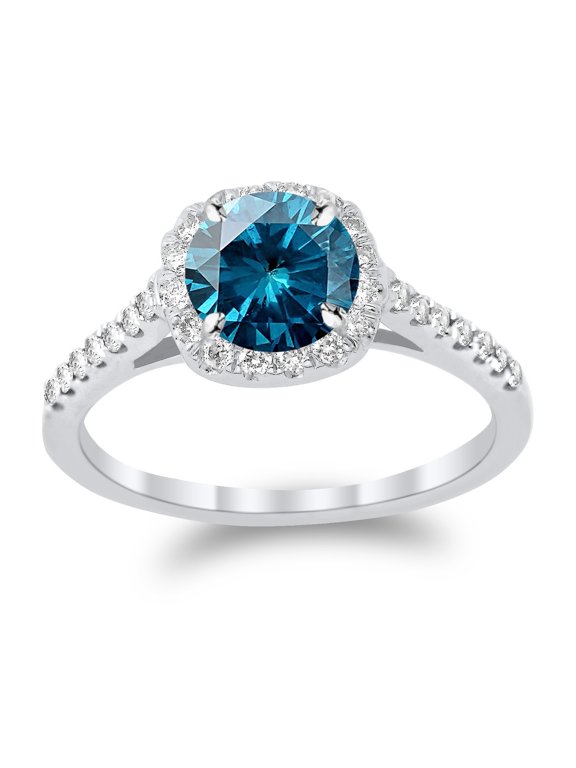 14K Yellow Gold Graduating Cushion Halo Diamond Engagement Ring with a 1 Carat Blue Diamond Heirloom Quality Center