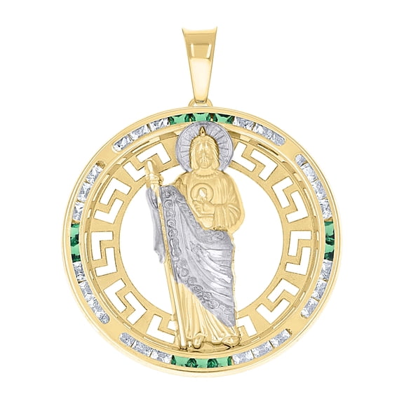 14K Yellow Gold Green CZ Unisex 1.85" Greek Key Charm St. Jude Medallion Pendant