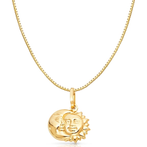 14K Yellow Gold Half Moon & Full Sun Charm Pendant with 0.8mm Box Chain Necklace - 20"