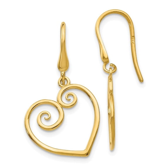 14K Yellow Gold Heart Dangle Shepherd Hook Earrings