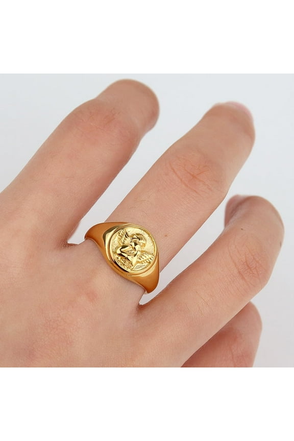 14K Yellow Gold Heart Shape Angel Rings For Women Retro Chunky Rings Jewelry A185