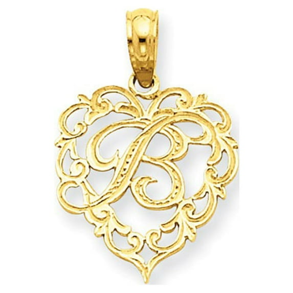 14K Yellow Gold Heart Shape Fancy Script Letter B Initial Charm Pendant