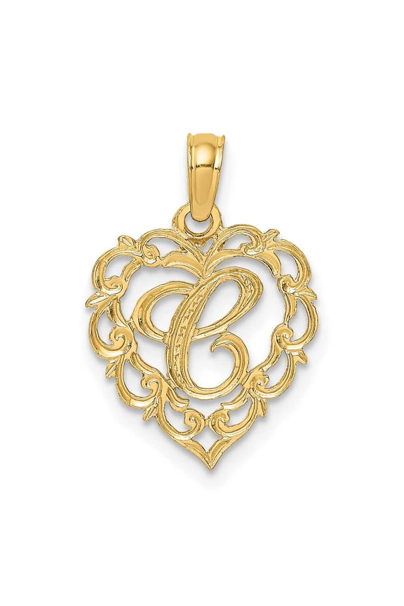 14K Yellow Gold Heart Shape Fancy Script Letter C Initial Charm Pendant