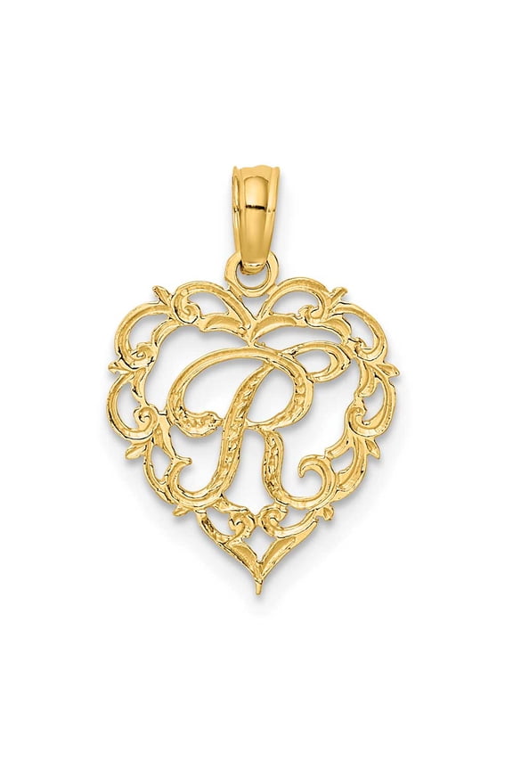 14K Yellow Gold Heart Shape Fancy Script Letter R Initial Charm Pendant