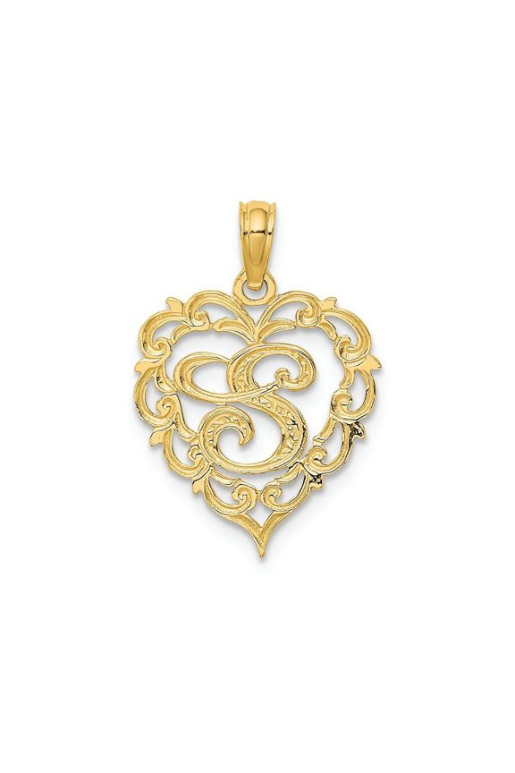 14K Yellow Gold Heart Shape Fancy Script Letter S Initial Charm Pendant