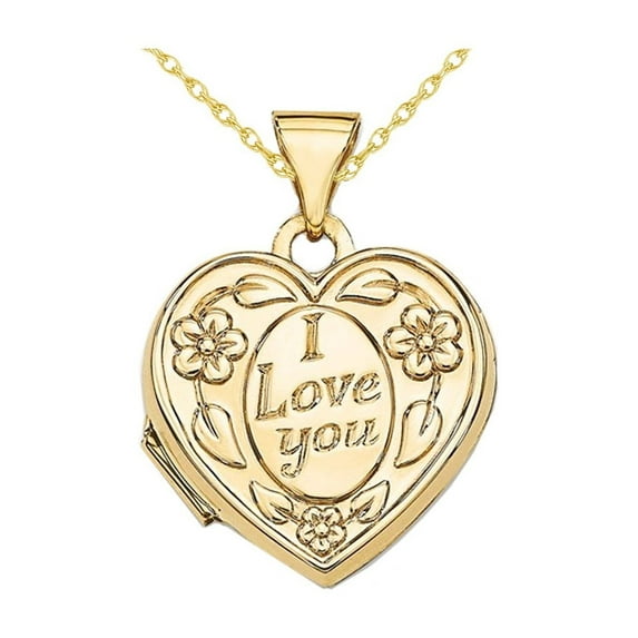 Gem & Harmony 14K Yellow Gold Heart Shaped I Love You Locket Pendant Necklace for Women