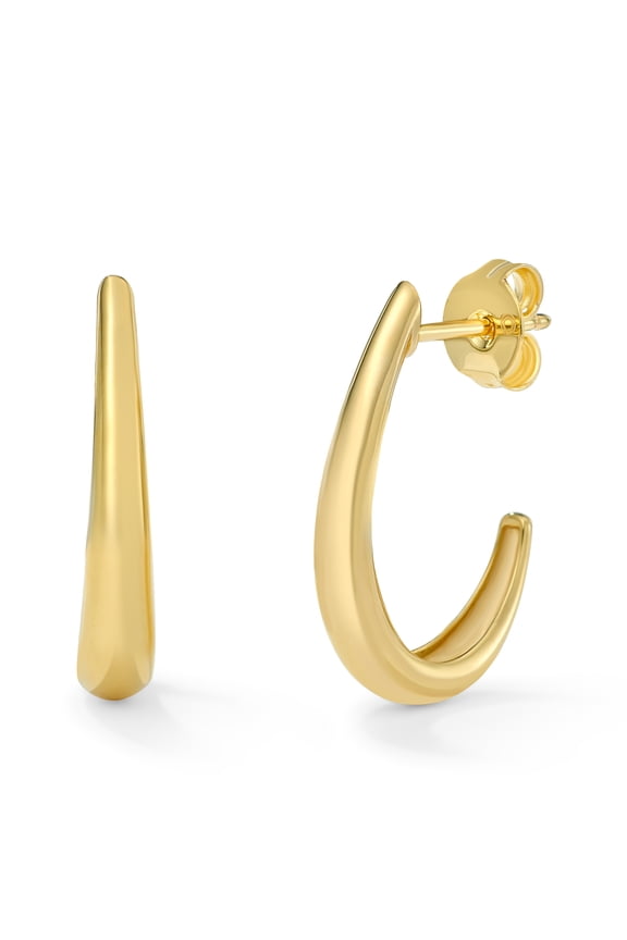 14K Yellow Gold High Polish & Diamond-Cut Square  “J Hoop” Shaped Post Earrings for Women, Modern Fine Jewelry