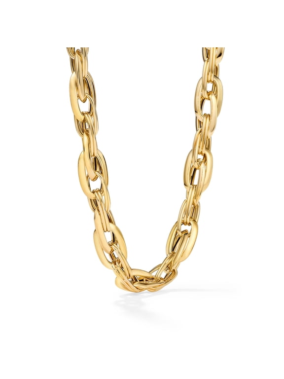 14K Yellow Gold High Polish Interlocking Double Oval Knife’s Edge & Double Paperclip Link Necklace for Women – 18 Inch Chain with Lobster Claw Clasp