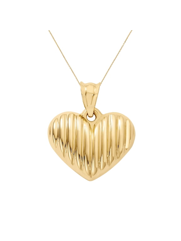 14K Yellow Gold High Polish Puffed Ribbed Heart Pendant Necklace for Women – Flat Back Design, Diamond-Cut Adjustable 16–18 Inch Chain