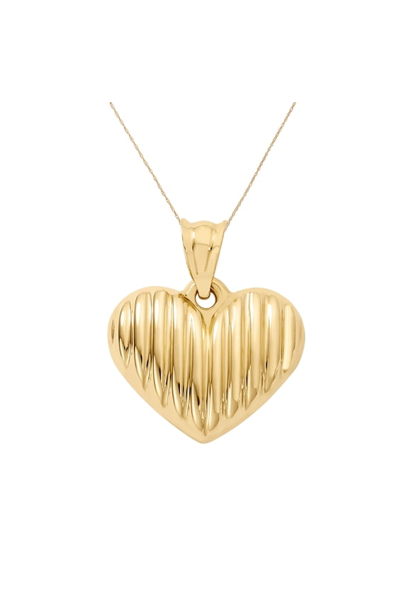 14K Yellow Gold High Polish Puffed Ribbed Heart Pendant for Women – Textured Heart Charm, No Chain Included
