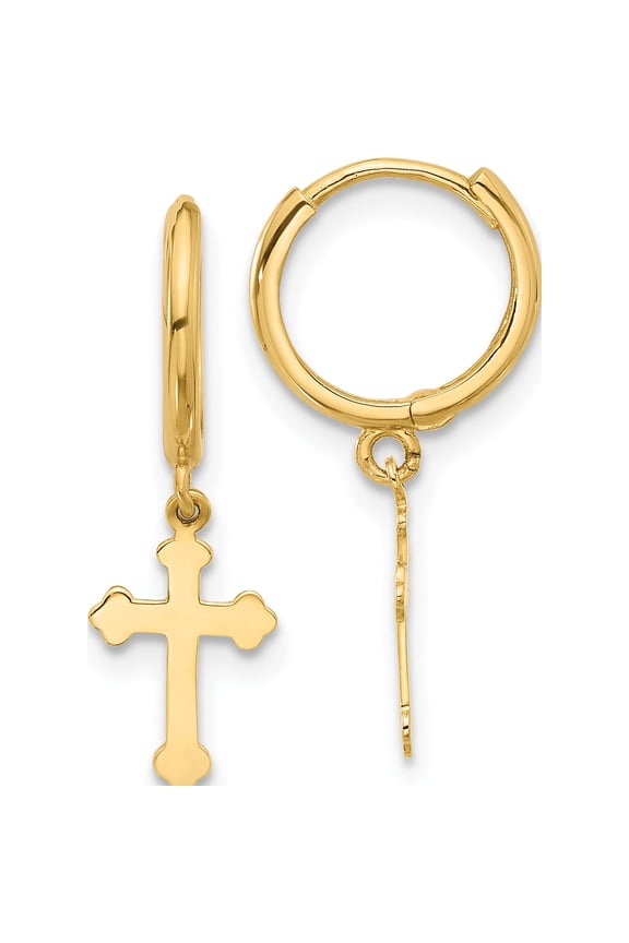 14K Yellow Gold Hinged Dangle Cross Hoop Earrings (Width 7.1) (Length 22.7) - Jbsp