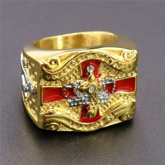 14K Yellow Gold Hip Hop Bling Freemasonry Crown Cross Ring for Men Rapper Jewelry