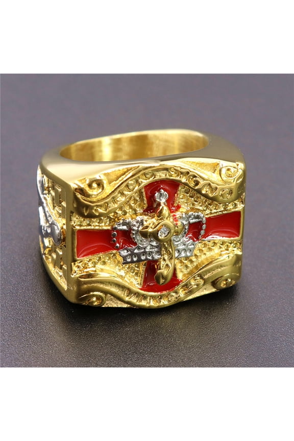 14K Yellow Gold Hip Hop Bling Freemasonry Crown Cross Ring for Men Rapper Jewelry