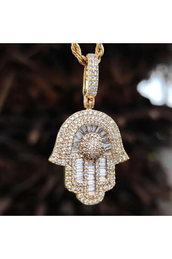 14K Yellow Gold Hip Hop Jewelry Bling Iced Out 5A CZ Pave Hamsa Hand Fatima Pendant Necklace for Women Men With Tennis Chain