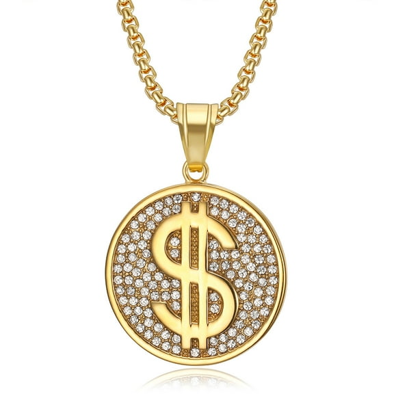 14K Yellow Gold Hip Hop Punk US Dollar Sign Iced Out Pendant Collar Chains Necklace for Men Women Gift Jewelry