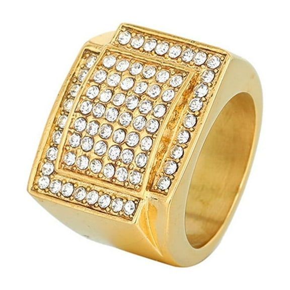 14K Yellow Gold Hip Hop Square Full Zircon Luxury Rings for Men Women Friends Couple Gift Fashion Jewelry