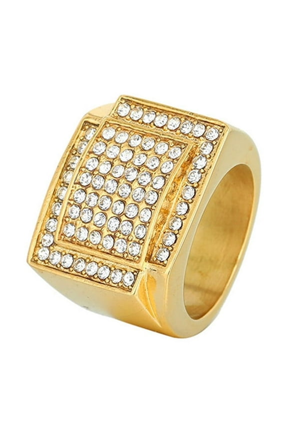 14K Yellow Gold Hip Hop Square Full Zircon Luxury Rings for Men Women Friends Couple Gift Fashion Jewelry