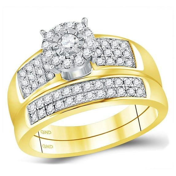 14K Yellow Gold His Hers Round Diamond Halo Matching Wedding Set 7/8ctw, Womens Size: 5-10, Mens Size: 7-13