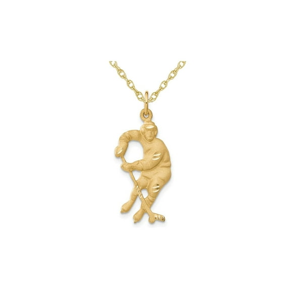 14K Yellow Gold Hockey Player with Stick & Puck Charm Pendant Necklace with Chain for Men