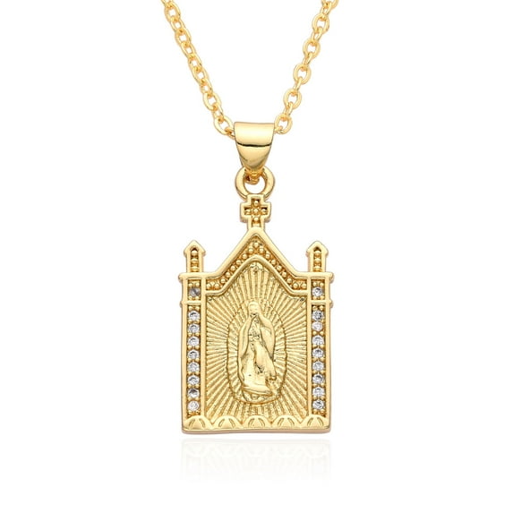 14K Yellow Gold Hollow Our Lady Cross St. Jude Charms Cubic Zirconia Virgin Mary Guadalupe Necklace for Women Pendant Jewelry Gift