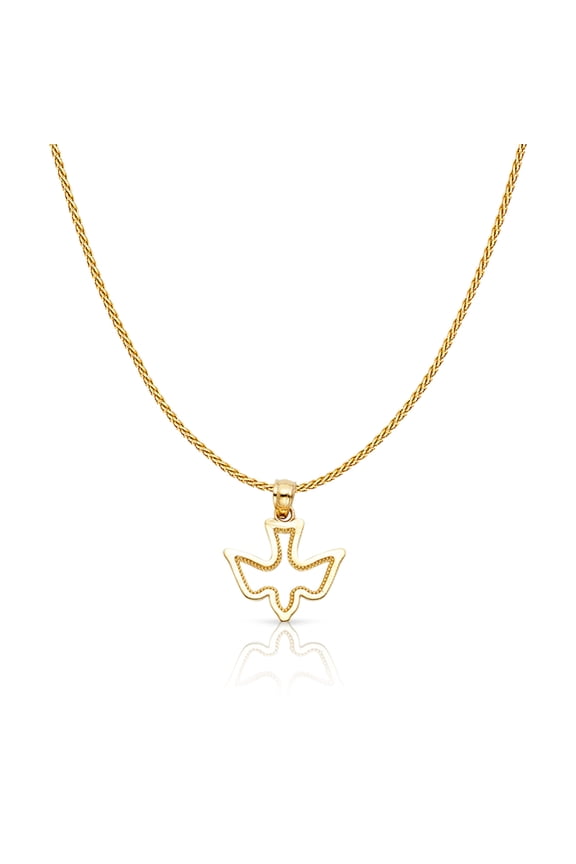 14K Yellow Gold Holy Spirit Dove Charm Pendant with 0.9mm Wheat Chain Necklace - 18"